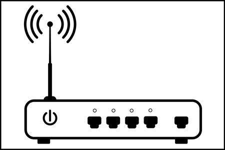 Wireless router vector icon with 4 connectors LAN and 1 connector WAN. Black on white background. Vector illustration.のイラスト素材