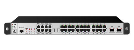 The service router for use in corporate communication networks has 24  ports, 2 1000Base-X SFP port, 2 USB ports, 6 FXS ports, 2 FXO port. Vector illustration.のイラスト素材