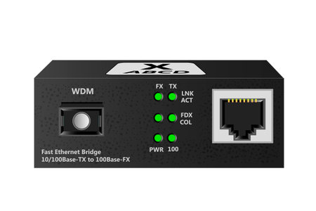 Media converter that converts a 100Base-TX signal to a 100Base-FX signal. It has a connector and an optical connector. Vector illustration.のイラスト素材