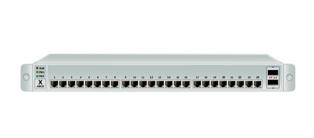1U 19-inch rackmount switch with 26 ports, including four SFP trunk ports. One console port. The switch color is light. Vector illustration.のイラスト素材