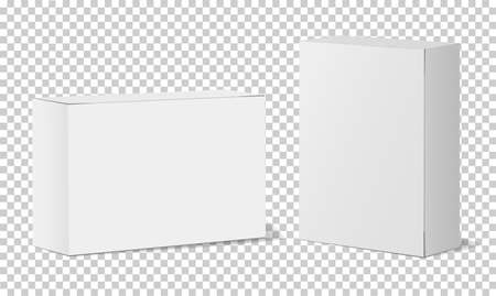 Set of Mockups of vertically and horizontally placed white boxes for packaging design of medicines, cosmetics, stationery, etc. on a transparent background. Vector illustration.のイラスト素材