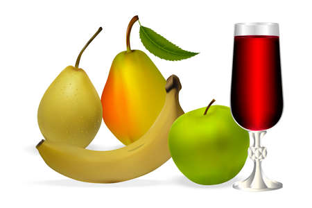 Still life of glass of red wine, apple, banana and pear with leaves with realistic shadows on a white background. Vector illustration.のイラスト素材