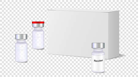 Realistic 3d, ampoules, vials with medicine, vaccine, next to packaging, box on a transparent background. Realistic shadows. Layout for your design. Vector illustration.のイラスト素材