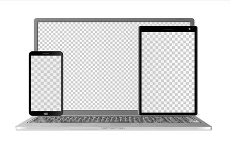 Mock-ups of the laptop, tablet computer and smartphone with transparent screens in different layers, on a white background. Can be used as a template for your design. Vector illustration.のイラスト素材