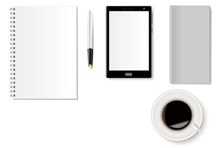 A set of office desk with a notebook, a smartphone, a phone book, a fountain pen and a cup of coffee. Vector illustration.のイラスト素材
