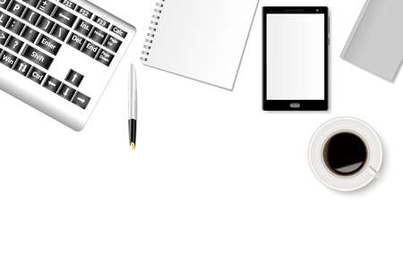 A set of office desk with a notebook, a smartphone, a phone book, a fountain pen and a cup of coffee. Vector illustration.のイラスト素材