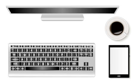 A set of office desk with a monitor, smartphone, keyboard and a cup of coffee. Realistic shadows. Can be used as a template for your design. Vector illustration.のイラスト素材