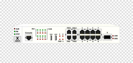 The service router for use in corporate communication networks has 8 ports, 1 1000Base-X SFP port, 2 USB ports, 3 FXS ports, 3 FXO port. White color. Vector illustration.のイラスト素材