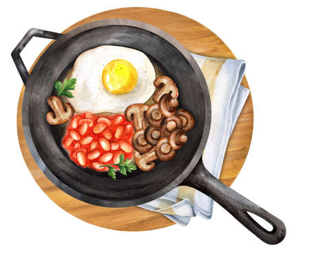 Breakfast with scrambled eggs and beans in sauce. Suitable for restaurant menu design, flyers and cookbook. Illustrationの写真素材