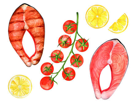 Raw and fried salmon steak on a white background. top view. Hand painted watercolor hand drawn illustration. Suitable for menu and cookbook.の写真素材