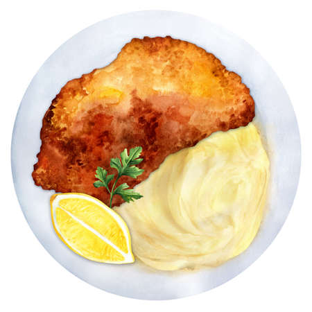 Schnitzel with mashed potatoes and lemon on a white plate. top view. Watercolor hand drawn illustration. Suitable for menu and cookbook, restaurantの写真素材