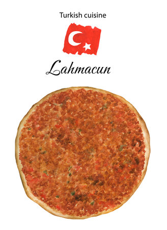 Lahmacun (Turkish pizza) on a white isolated backgroun. Traditional delicious Turkish foods. top view. Watercolor hand drawn illustration. Suitable for menu and cookbook, restaurantの写真素材