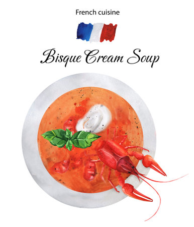 Bisque puree soup with crayfish. Watercolor illustration on white background.French cuisine