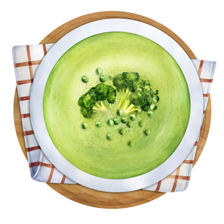 Cream soup of broccoli and peas on a wooden rustic background. top view. Hand-drawn watercolor...