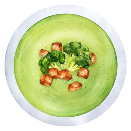 Cream soup of broccoli with croutons close-up. Healthy vegetarian food. top view. Hand-drawn watercolor illustration. Suitable for menus and cookbook, restaurantの写真素材