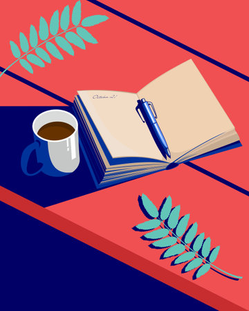 Vector illustration of an open book, text inside and cup of coffee. Clip art elements for design of postcards, postersのイラスト素材