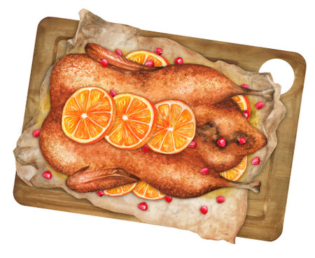Homemade roast duck with oranges and pomegranate seeds. Whole roast duck with crispy crust. top view. Watercolor hand drawn illustration. Suitable for menu, restaurant and cookbook.の写真素材