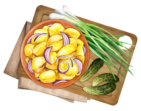 Traditional German potato salad - Kartoffelsalat, served with green onions and cucumbers. top view. Watercolor hand drawn illustration. Suitable for menu, cookbook and restaurantの写真素材