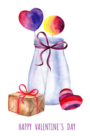 Valentines day card, aquarelle illustration. Glass jar with hearts and sweetsの写真素材