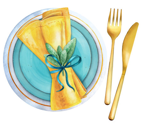 Table decoration for family party with floral decor and napkin on white background. Restaurant menu template. top view. Watercolor hand drawn illustrationの写真素材
