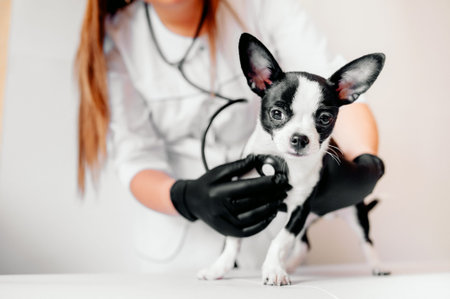 veterinarian holds a cute black and white puppy at the receptionの写真素材