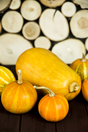 large and small pumpkins on a wooden table. Autumn conceptの写真素材