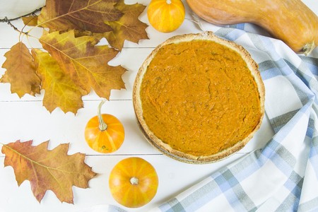pumpkin pie for Thanksgiving. Top view. Flat layの写真素材