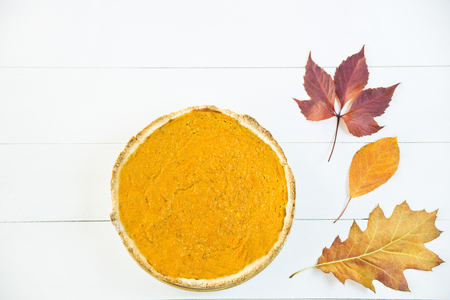 pumpkin pie for Thanksgiving. Top view. Flat layの写真素材