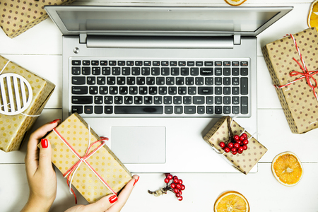 Cyber Monday - a day of discounts in online stores to buy gifts for winter holidays New Year and Christmasの写真素材