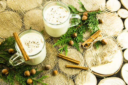 eggnog - hot winter alcoholic drink with milk. Top viewの写真素材