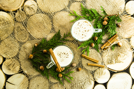 eggnog - hot winter alcoholic drink with milk. Top viewの写真素材