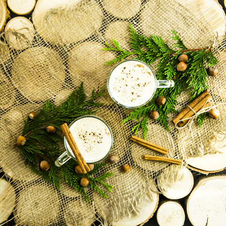 eggnog - hot winter alcoholic drink with milk. Top viewの写真素材