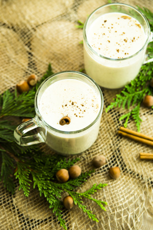 eggnog - hot winter alcoholic drink with milk. Top viewの写真素材