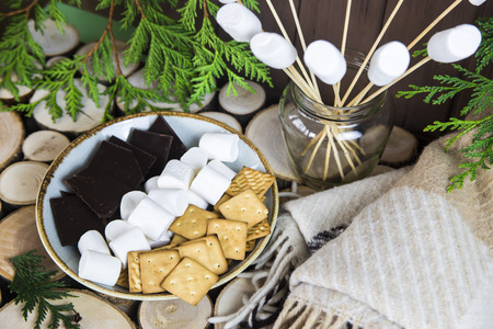 marshmallow on sticks next to a plate with crackers and chocolateの写真素材