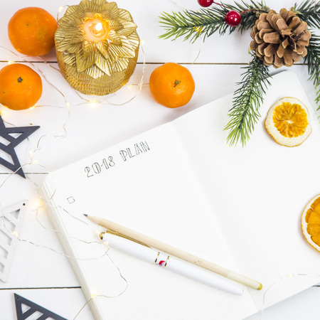 The setting of plans and goals for 2018 in the diary during the New Year holidaysの写真素材