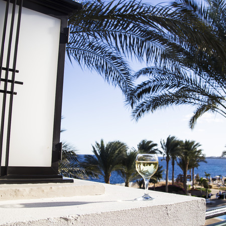 A glass of wine stands near a street lamp among the palms on the background of the blue seaの写真素材