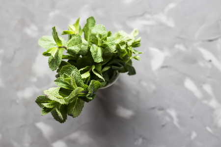 A green bunch of fragrant mint on a gray concrete background. Natural summer product. Top viewの写真素材