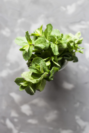 A green bunch of fragrant mint on a gray concrete background. Natural summer product. Top viewの写真素材
