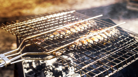 Two mackerels are cooking on the grill. Summer barbecue in nature. Family rest and healthy eatingの写真素材