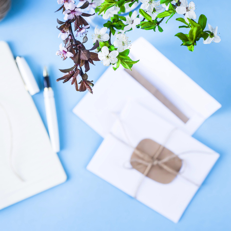A bouquet of spring twigs in the workplace with a notebook on a blue background.
Spring workplace concept. Blurred imageの写真素材