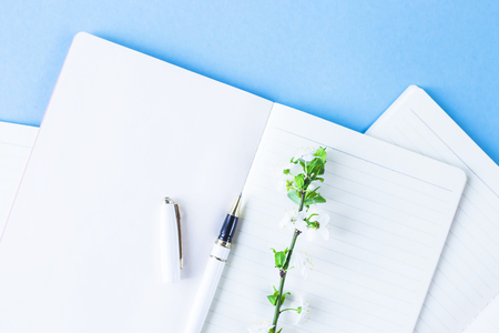 A stack of three notebooks on a creative workplace with flowering branches on a blue background.
Spring workplace concept.の写真素材