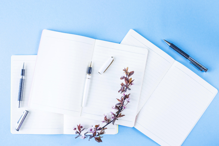 A stack of three notebooks on a creative workplace with flowering branches on a blue background.
Spring workplace concept.の写真素材