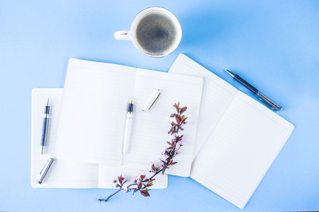 A stack of three notebooks on a creative workplace with flowering branches on a blue background.
Spring workplace concept.の写真素材