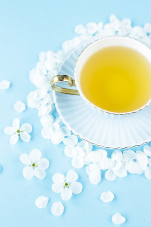 A blue delicate cup of green tea among the petals of white spring flowering trees on a blue background. Spring inspiration conceptの写真素材