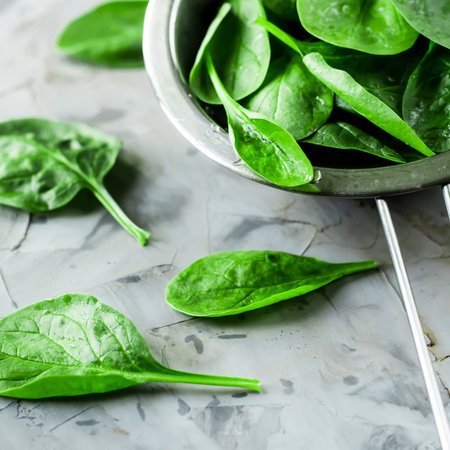 Washed spinach in a metal colander on a gray background. Fresh green leaves for cooking healthy...