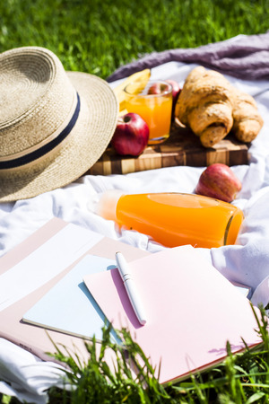 Picnic in the park with croissants and juice next to the magazine and note pads. Planning time and keeping a diary in the nature of the conceptの写真素材