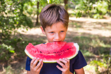 Caucasian boy holding and eating a large slice of red ripe watermelon. Summer and autumn season. Healthy raw food and vitamins conceptの写真素材