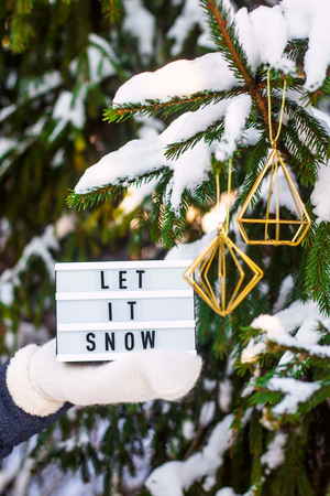 Let it snow it is written on a decorative lamp in the hand of a woman in a white mitten against the background of green fir branches in the snowの写真素材