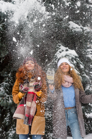 Two Caucasian girls sisters with curly hairs are standing among winter snow-covered trees and throwing up snow. Winter pleasure and funの写真素材