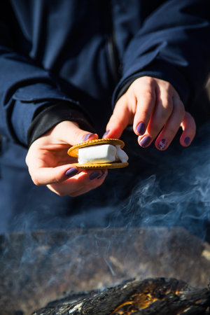 Cooking dessert with marshmallows by the fire at a picnic in nature